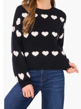 CeCe Heart Jacquard Crewneck Sweater Black White Large